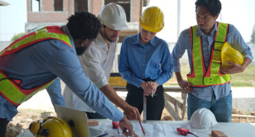 Group of architects and engineers work together to assess the residential home construction site's progress